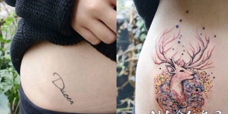 腰侧的鹿头遮盖纹身图案