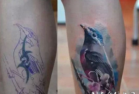 小腿上的遮盖翠鸟纹身图案