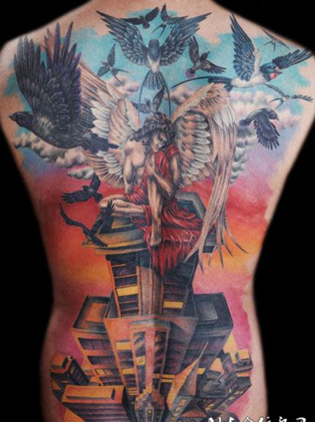 满背天使乌鸦纹身图案