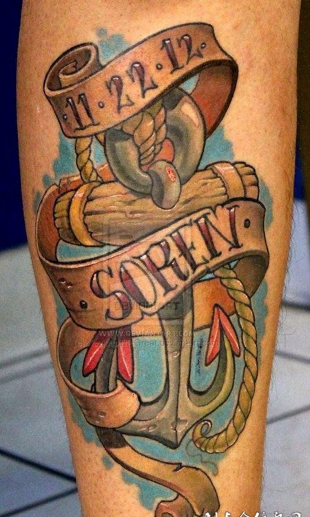 腿上的船锚纹身图案