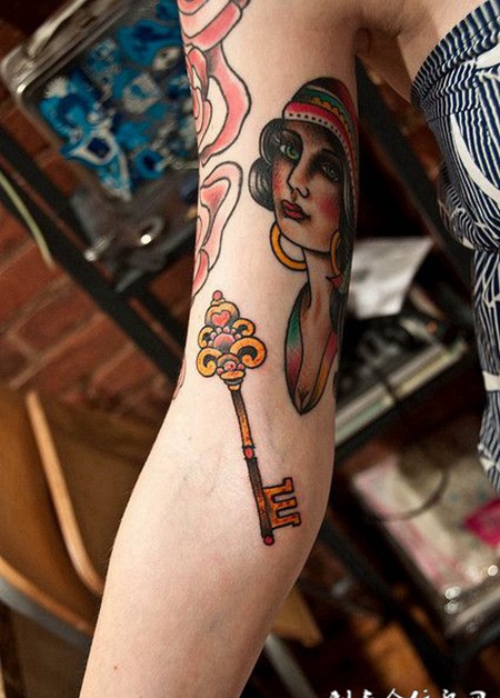 小臂内侧的钥匙纹身图案