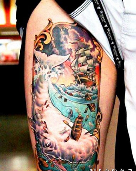 腿上的鲸鱼帆船纹身图案