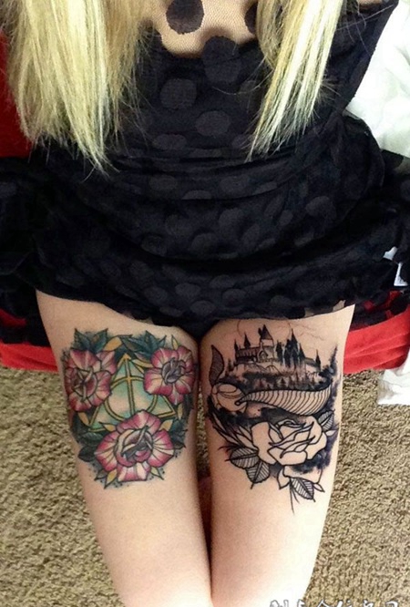 腿上的玫瑰与三角和腿上的玫瑰与房子纹身图案