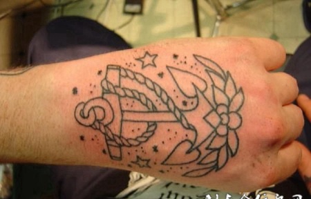 手背上的线条船锚纹身图案