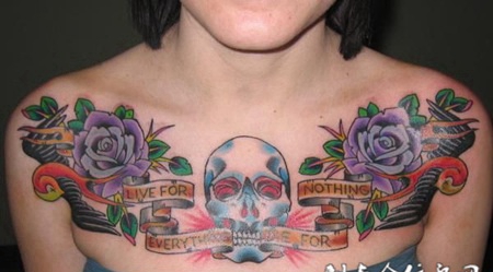 花胸骷髅头玫瑰花纹身图案