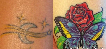 大臂上的玫瑰花蝴蝶遮盖纹身图案