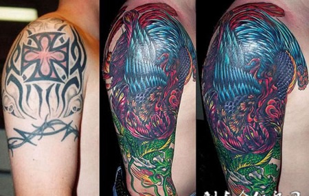 大臂上的凤凰龙遮盖纹身图案