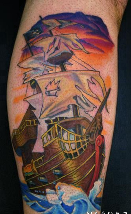 胳膊上的帆船纹身图案