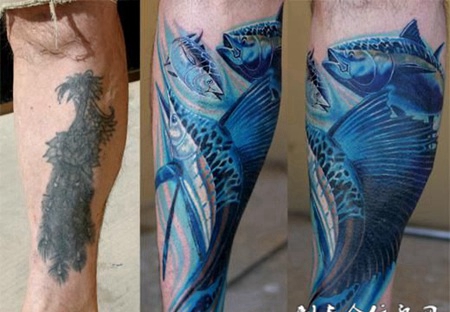 小腿上的遮盖大鱼纹身图案