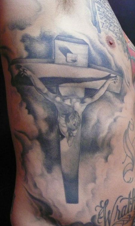 侧腰耶稣十字架纹身图案