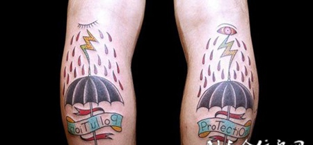 小腿上雷雨中的雨伞纹身图案