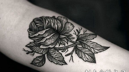 小臂上的黑灰色玫瑰花纹身图案
