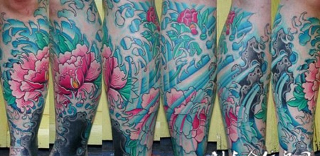 包小腿牡丹花浪花纹身图案