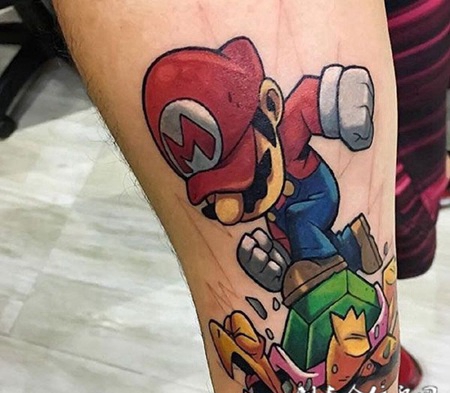 儿时记忆，手臂超级马里奥卡通彩绘纹身