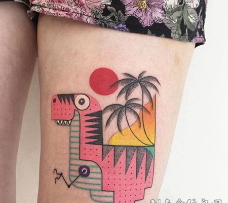 远古巨兽，大腿可爱恐龙卡通彩绘纹身