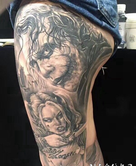 罪恶人生，大腿小丑与哈利奎因肖像纹身