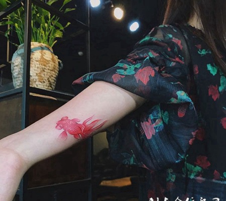 金鱼献瑞，美女手臂红色金鱼纹身