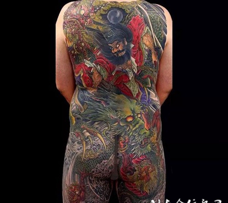 天师降龙，大满背钟馗降龙彩绘纹身