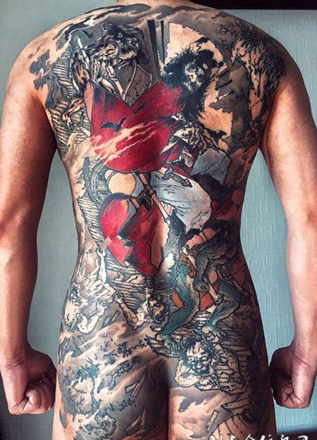 降妖捉鬼，满背中国水墨画风天师钟馗彩绘纹身