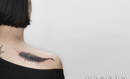 随风飘荡，披肩黑灰羽毛纹身图案