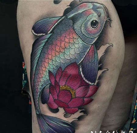 转运神器，大腿锦鲤与莲花彩绘纹身