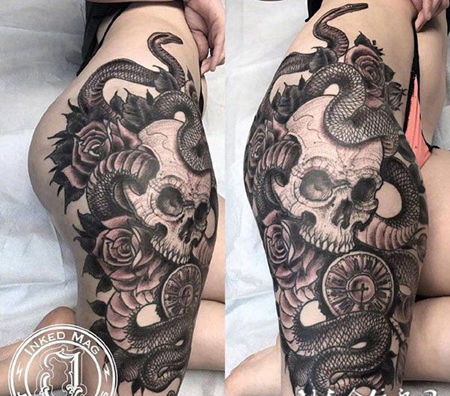 死亡纠缠，大腿骷髅与蛇个性纹身