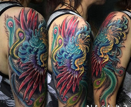 彩凤燎原，手臂凤凰彩绘纹身图案