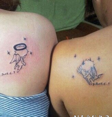 情侣肩部可爱天使与恶魔纹身图案