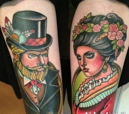 彩色人物情侣纹身