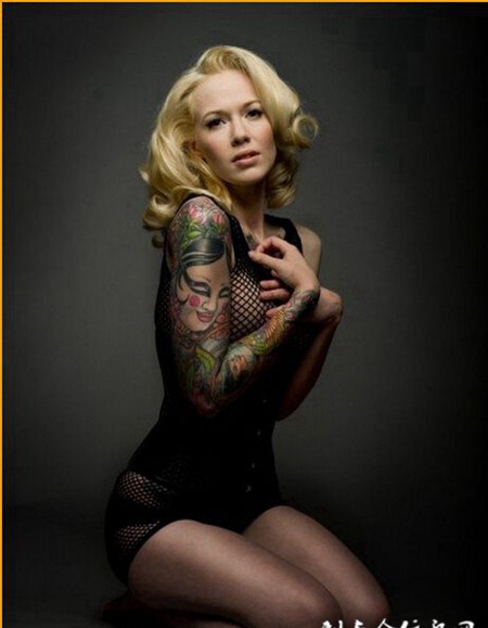 外国美女手臂人物头像彩绘纹身图案