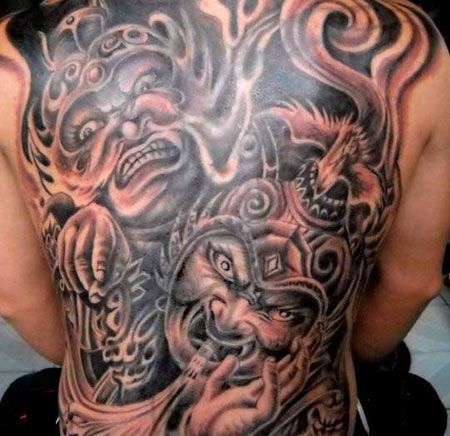 满背霸气哼哈二将纹身