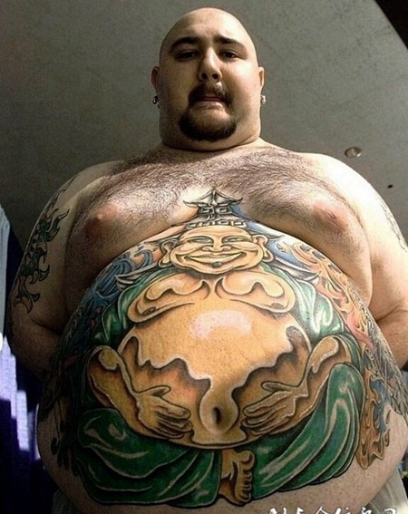 欧美男子肚子上大气弥勒佛人体彩绘纹身图案