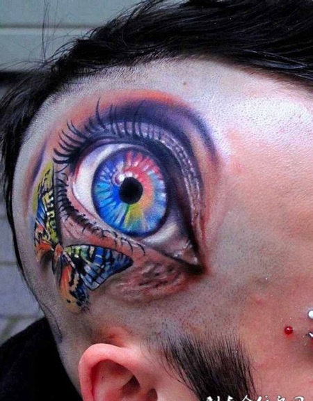 个性帅哥头部恐怖眼睛彩色纹身图案