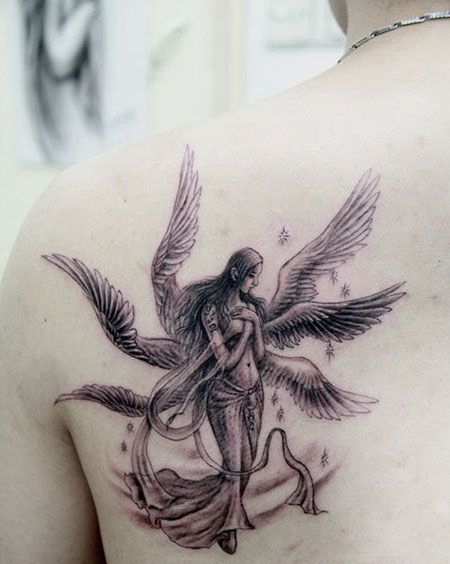 背部好看的六翼天使纹身图案