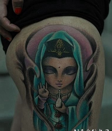 腿部彩绘卡通观音纹身图案