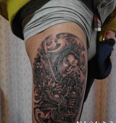 男人大腿霸气二郎神杨戬纹身图案