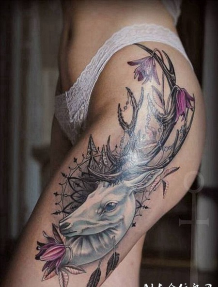 女人性感大腿唯美艺术羚羊纹身图案