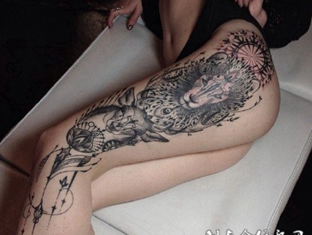 性感大腿黑色羚羊艺术纹身图案