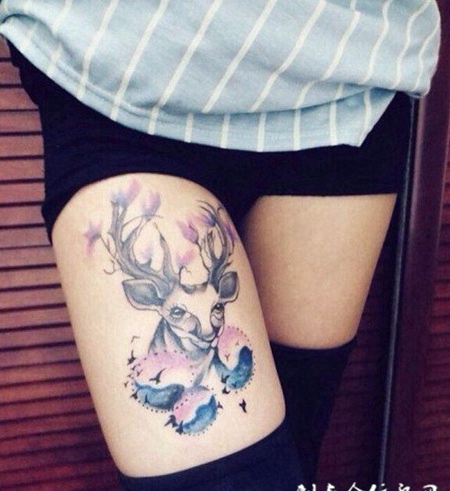 腿部唯美羚羊艺术彩绘纹身图案