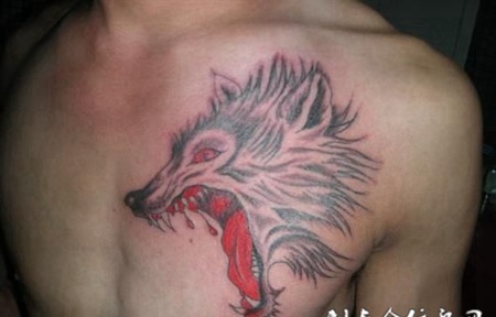 男性胸前纹身图案滴血狼头霸气图片