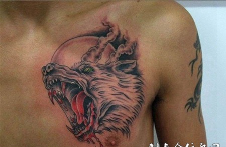 霸气男胸前纹身纹滴血狼头图案