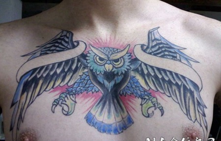 男士个性猫头鹰胸部纹身