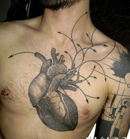 个性心脏图案胸部刺青纹身