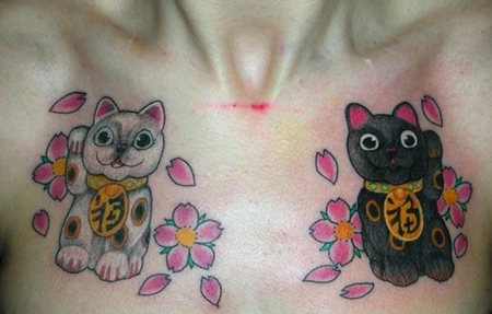 锁骨黑白招财猫纹身图案