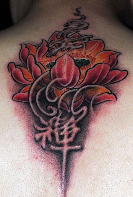 颈部后面绽放的莲花纹身图案