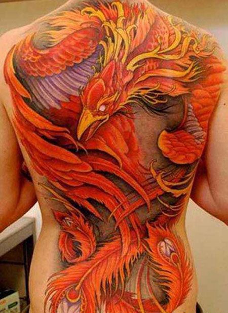 满背火红色的朱雀纹身图片