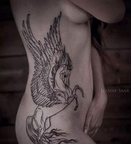 侧腰线条天马纹身图案