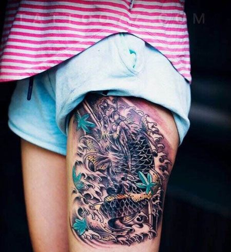 大腿经典的鳌鱼纹身图案