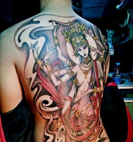 满背彩色千手观音纹身图案