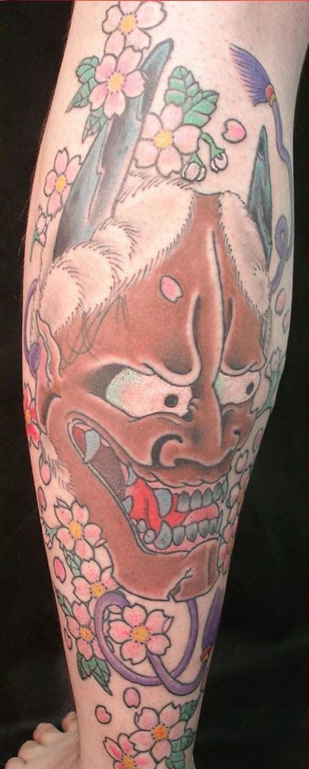 小腿纹身樱花般若纹身